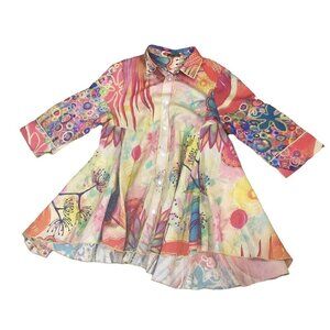 Radzoli Festive Watercolor Button-Up Swing Top Lagenlook BOHO Sz L 255D